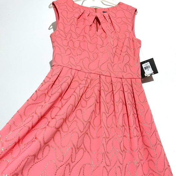 NWT Ellen Tracy Pink Coral Dress with Gold Shimmer Jacquard Design Fit and Flare - Picture 6 of 14